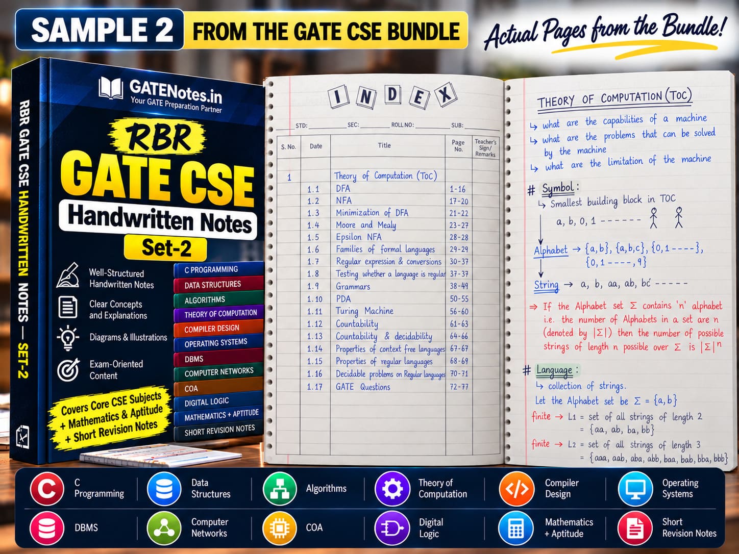 GATE CSE handwritten notes sample showing subject-wise concepts